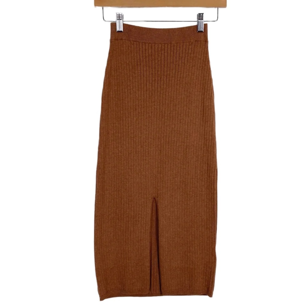 Free People Brown Ribbed Knit Sweater Skirt with Center Slit, Size Medium